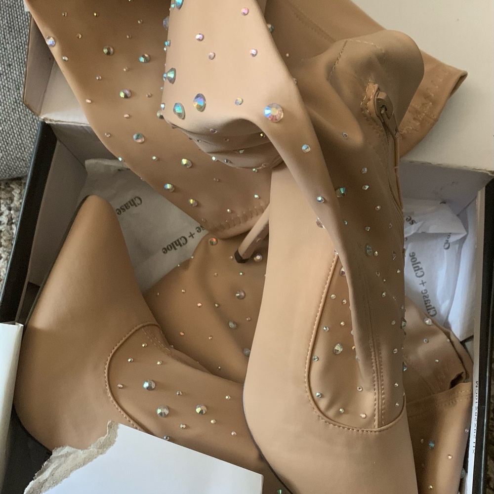 Thigh high heeled boots. Tan with jewels